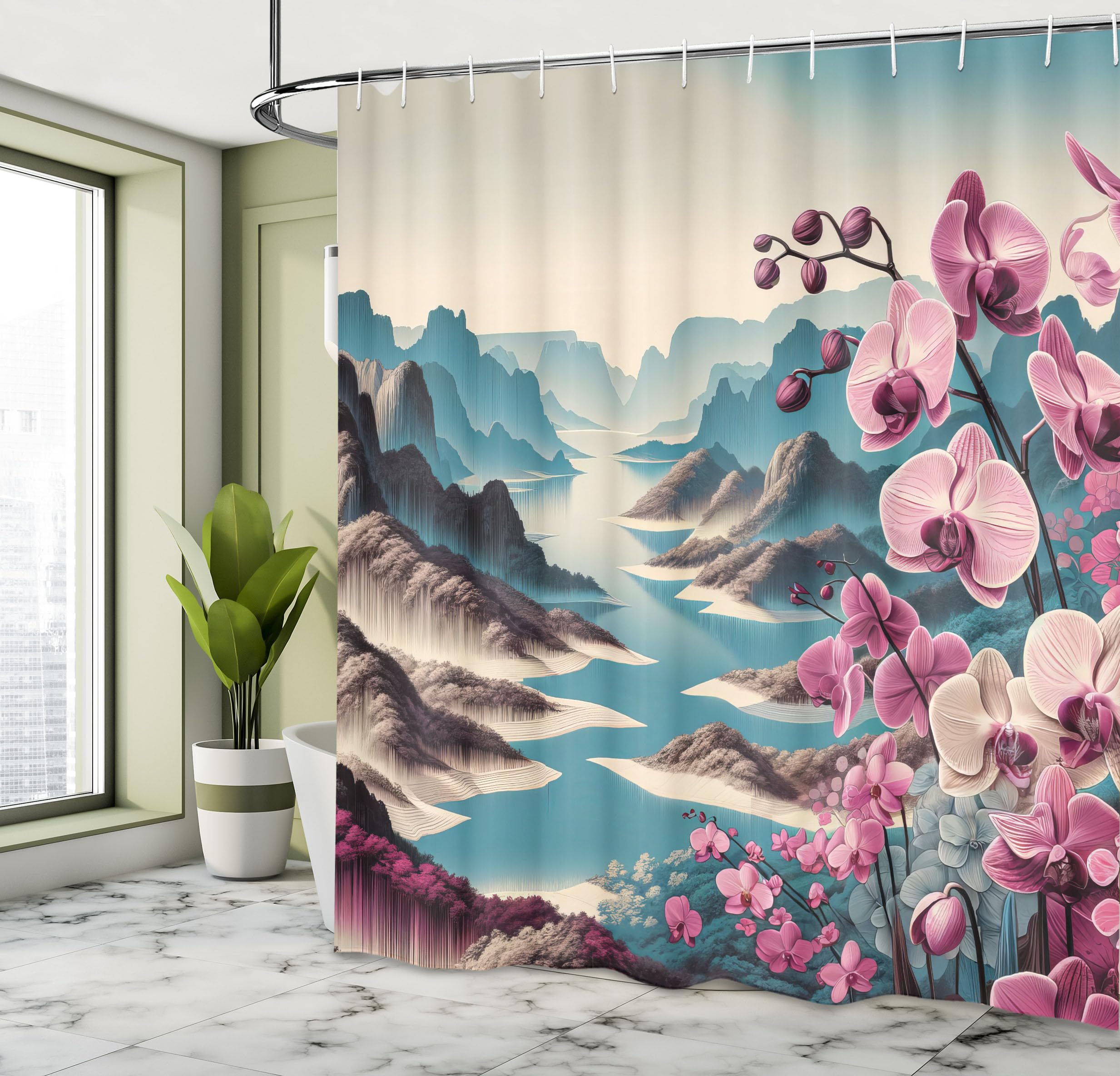 Ambesonne Lake Shower Curtain, Panoramic Spring Landscape Earthy Cliffs And Mountains With Orchids, Cloth Fabric Bathroom Decor